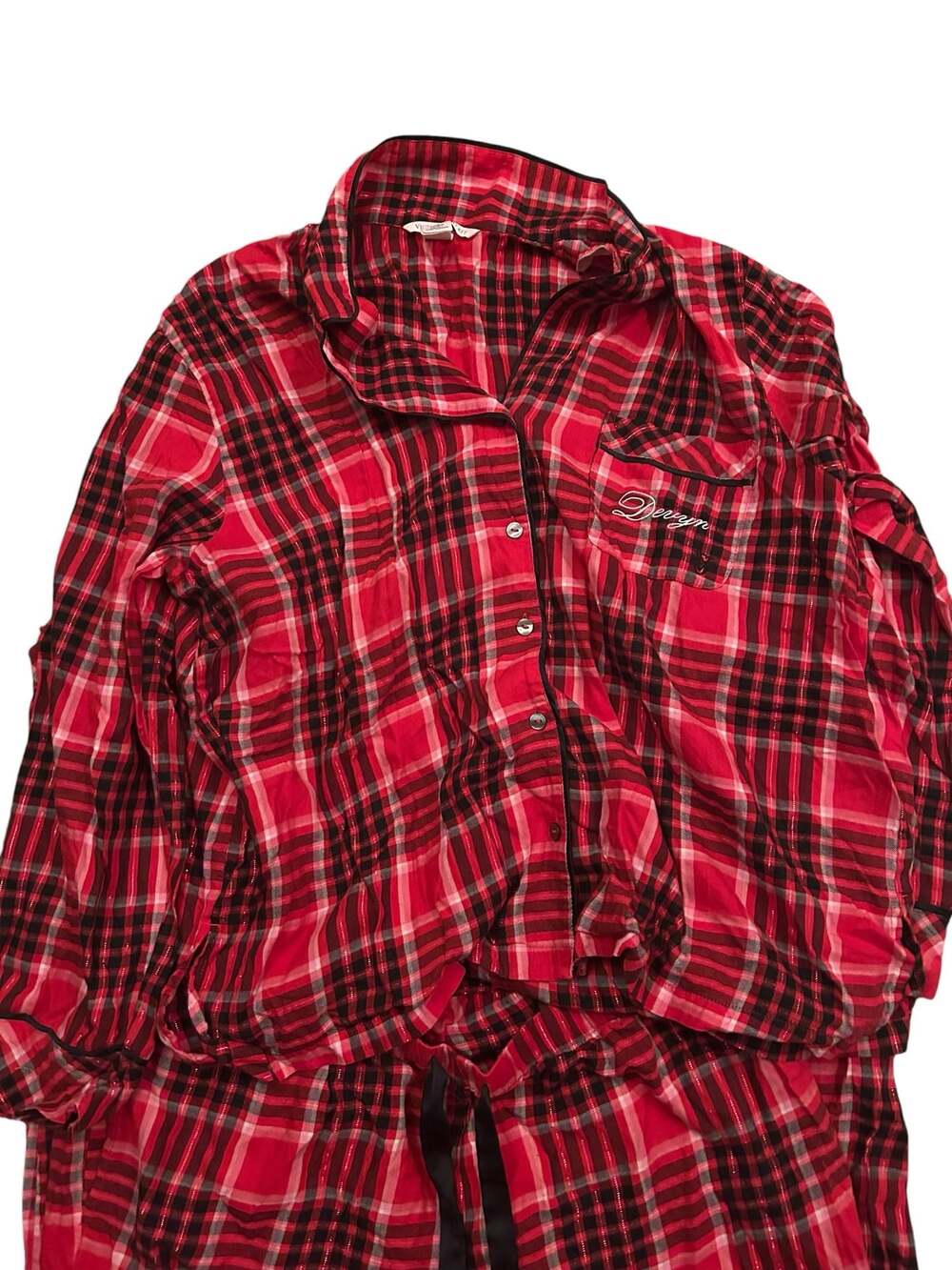 Victoria's Secret Embroidered Plaid Flannel Button-Down Pajama Set - Picture 2 of 5
